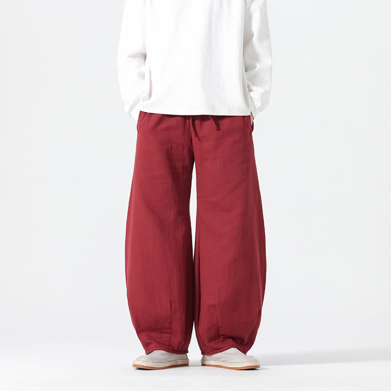 Daily Drawstring Chinese Zen Style Men's Wide Leg Pure Cotton Pants With Pockets