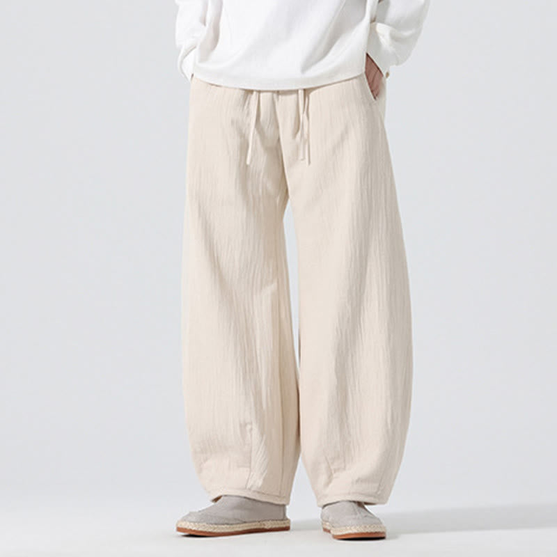 Daily Drawstring Chinese Zen Style Men's Wide Leg Pure Cotton Pants With Pockets