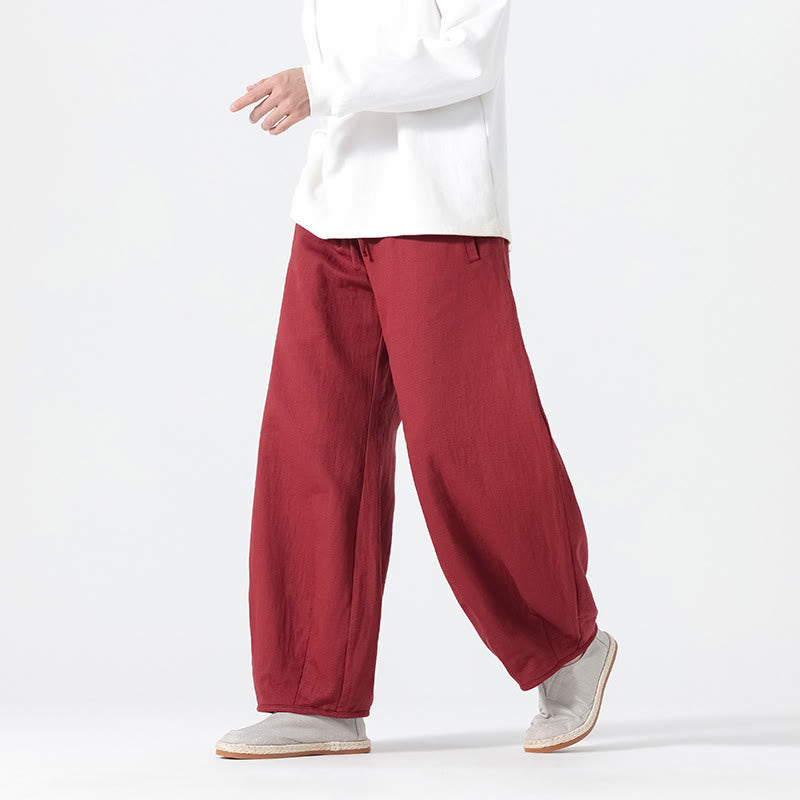 Daily Drawstring Chinese Zen Style Men's Wide Leg Pure Cotton Pants With Pockets