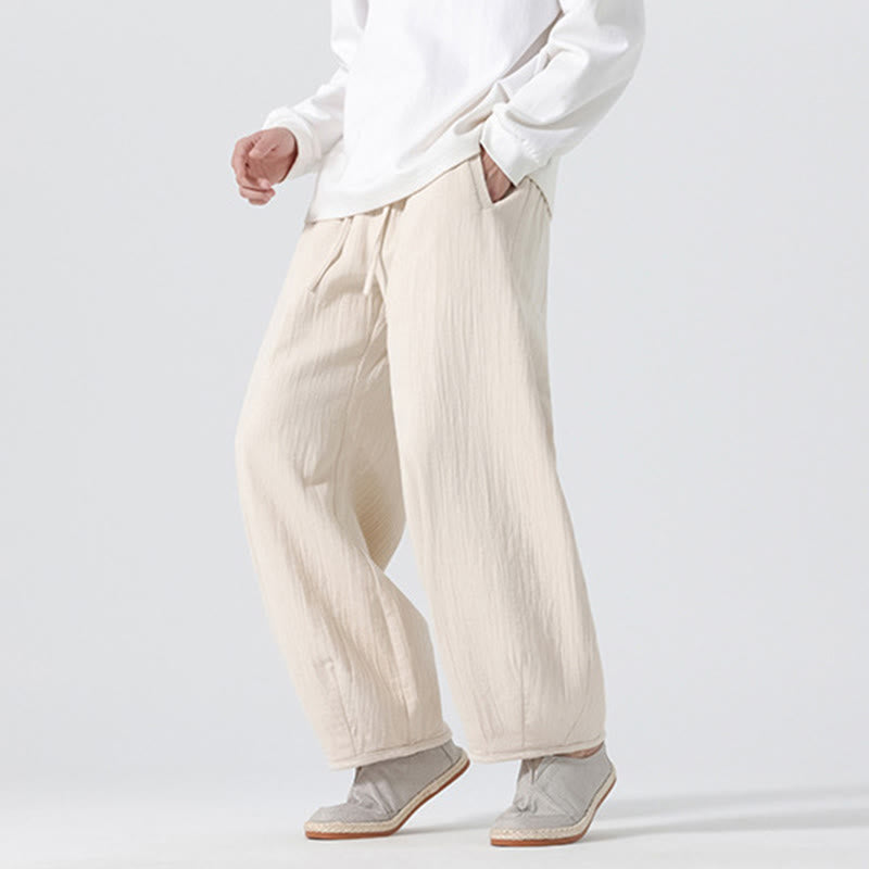 Daily Drawstring Chinese Zen Style Men's Wide Leg Pure Cotton Pants With Pockets