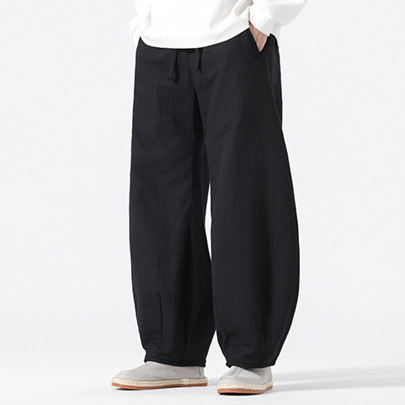 Daily Drawstring Chinese Zen Style Men's Wide Leg Pure Cotton Pants With Pockets