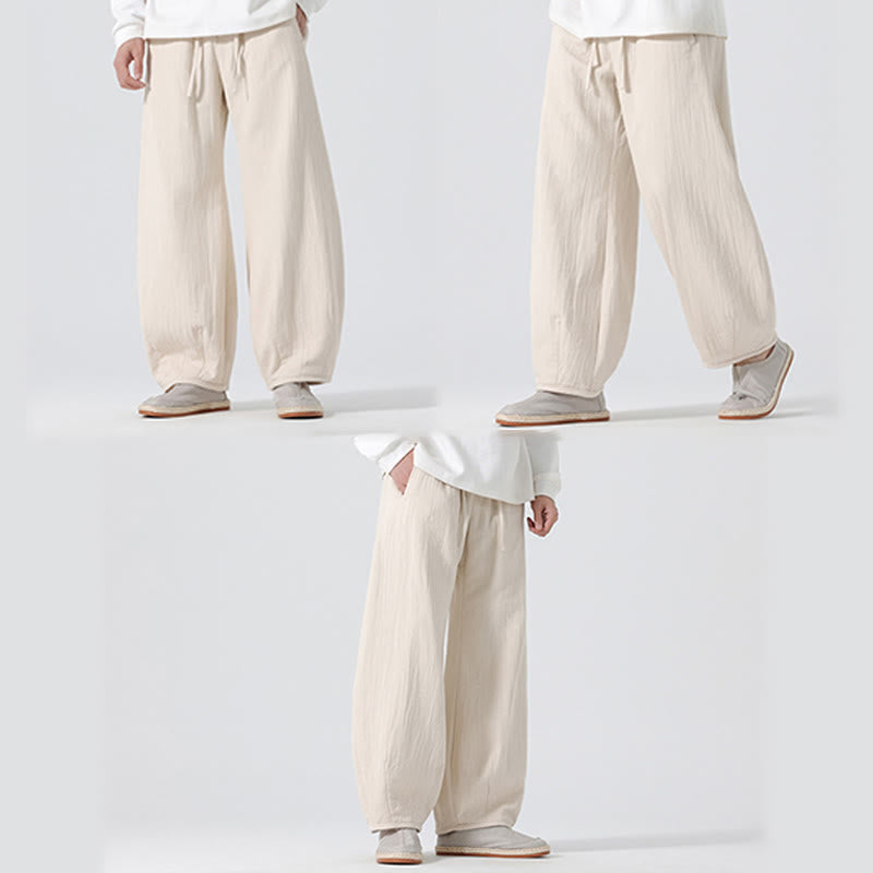 Daily Drawstring Chinese Zen Style Men's Wide Leg Pure Cotton Pants With Pockets