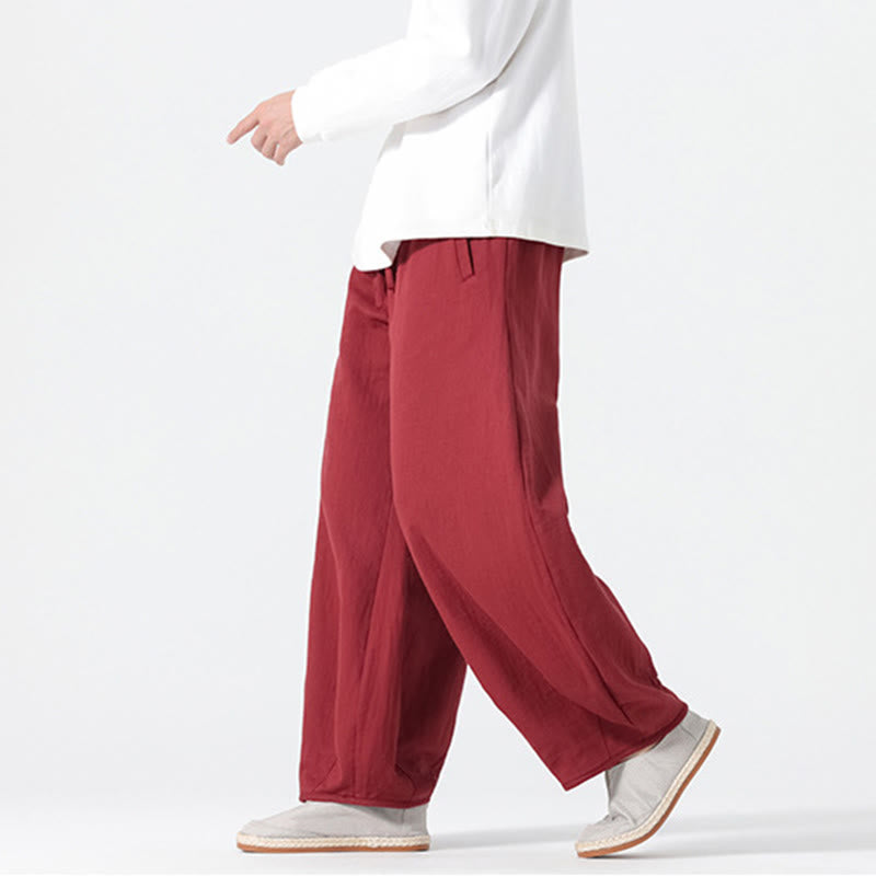 Daily Drawstring Chinese Zen Style Men's Wide Leg Pure Cotton Pants With Pockets
