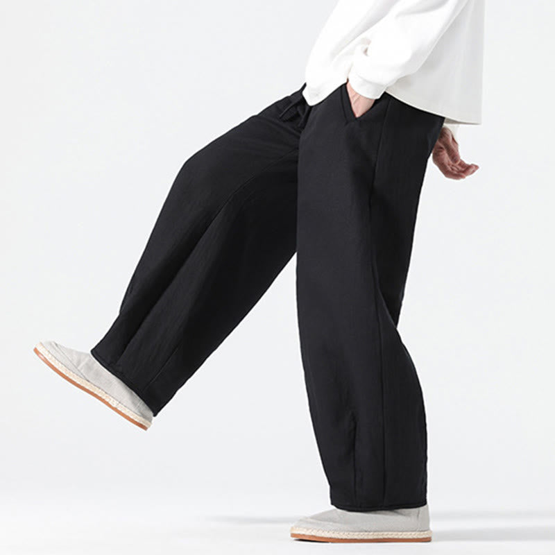 Daily Drawstring Chinese Zen Style Men's Wide Leg Pure Cotton Pants With Pockets