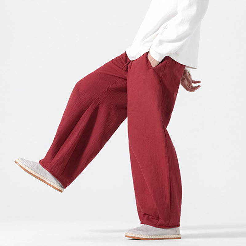 Daily Drawstring Chinese Zen Style Men's Wide Leg Pure Cotton Pants With Pockets