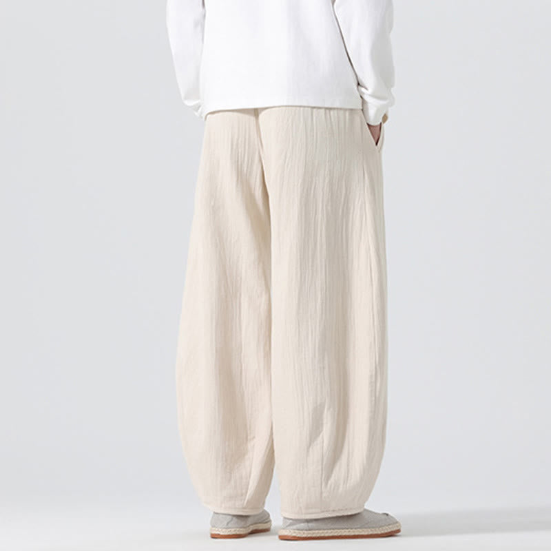Daily Drawstring Chinese Zen Style Men's Wide Leg Pure Cotton Pants With Pockets