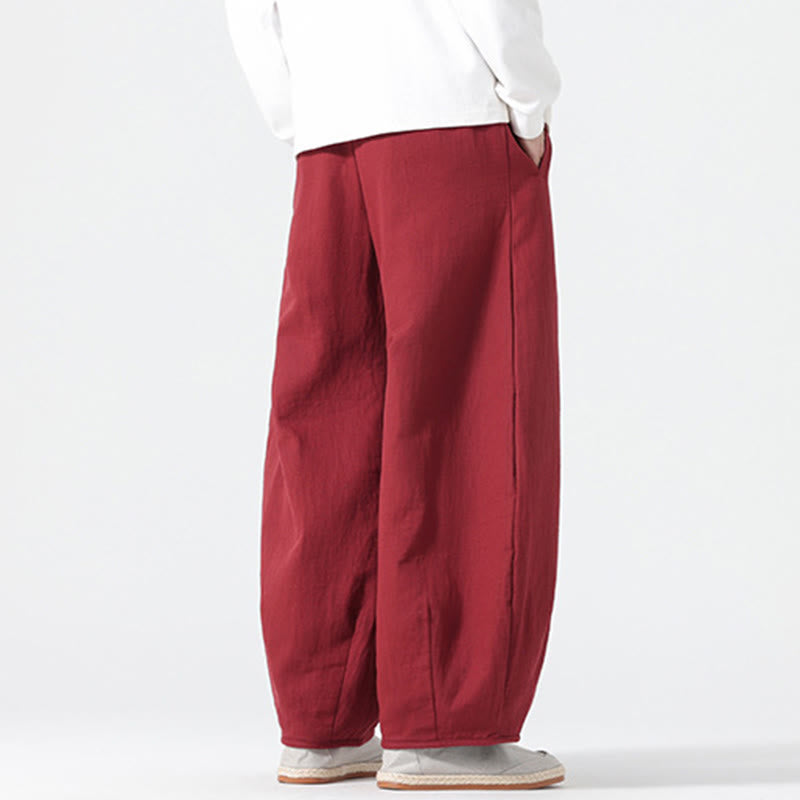 Daily Drawstring Chinese Zen Style Men's Wide Leg Pure Cotton Pants With Pockets