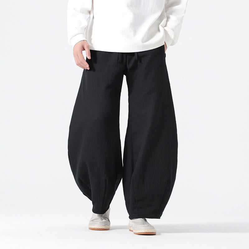 Daily Drawstring Chinese Zen Style Men's Wide Leg Pure Cotton Pants With Pockets