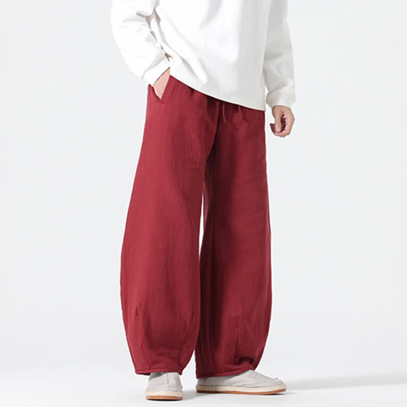 Daily Drawstring Chinese Zen Style Men's Wide Leg Pure Cotton Pants With Pockets