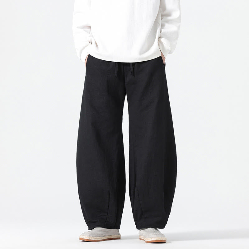 Daily Drawstring Chinese Zen Style Men's Wide Leg Pure Cotton Pants With Pockets