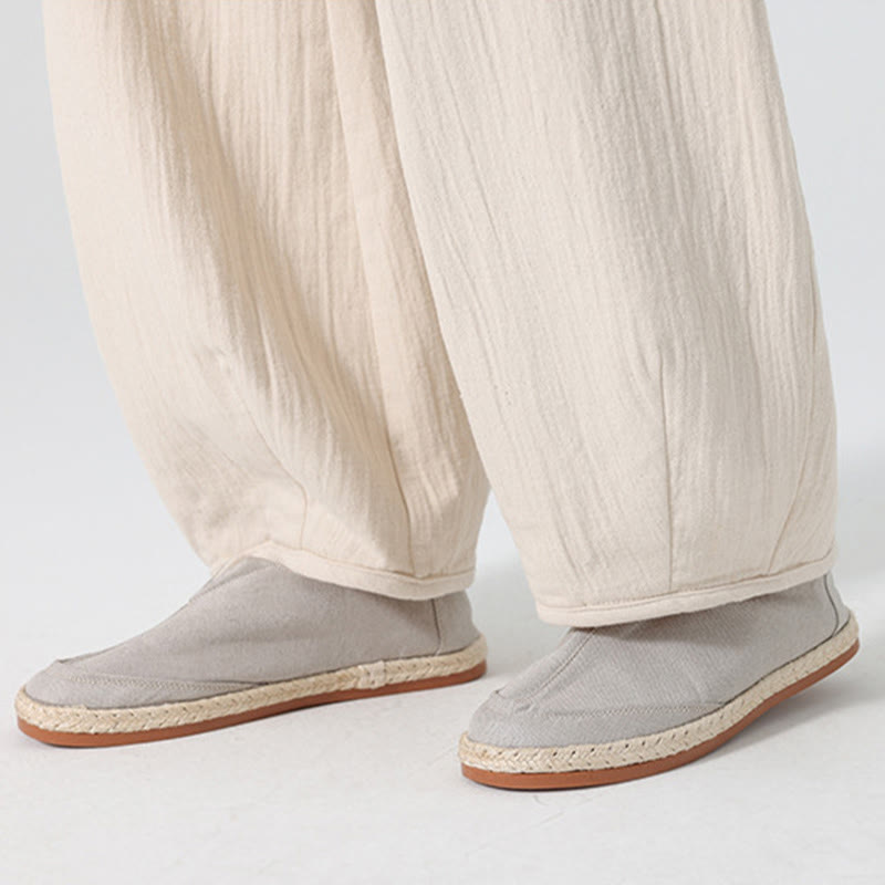 Daily Drawstring Chinese Zen Style Men's Wide Leg Pure Cotton Pants With Pockets