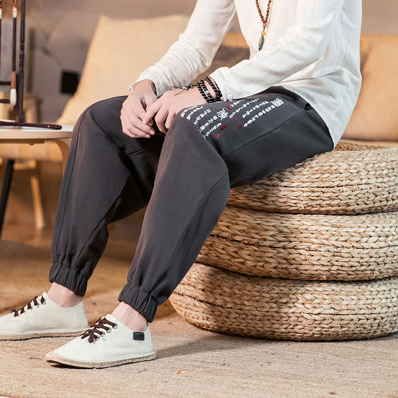 Embroidered Cotton-Blend Tapered Ankle-Length Meditation Trousers