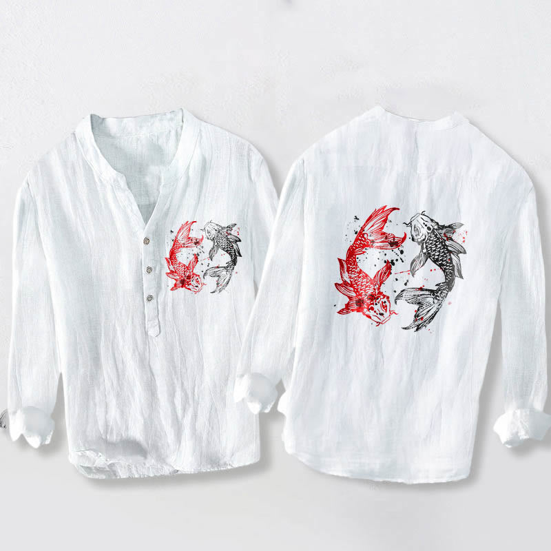 Yin Yang Koi Fish Pattern Half Buttons Design Long Sleeve Men's Cotton Linen Shirt