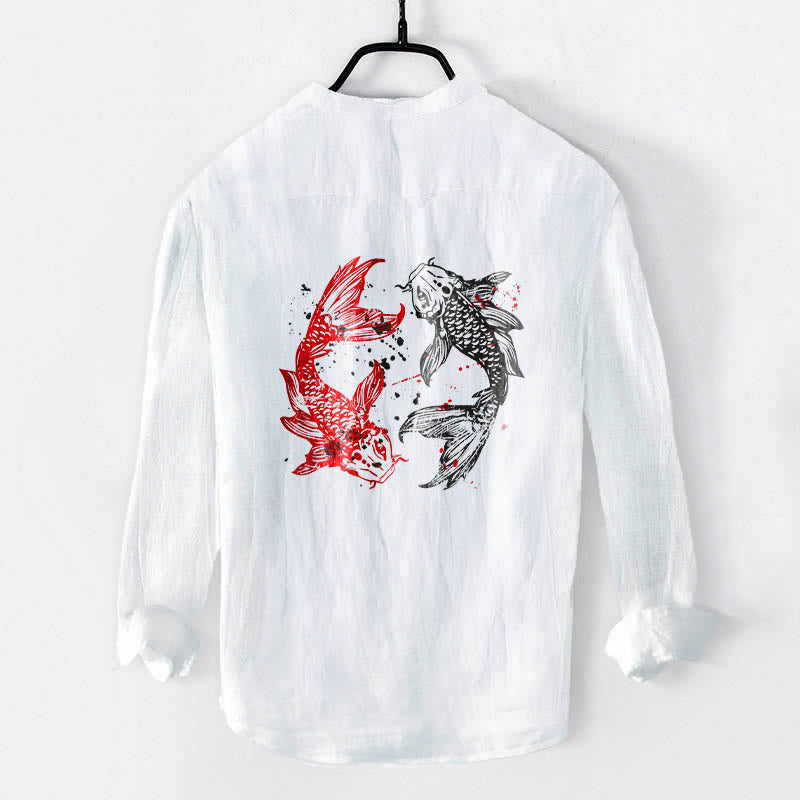 Yin Yang Koi Fish Pattern Half Buttons Design Long Sleeve Men's Cotton Linen Shirt