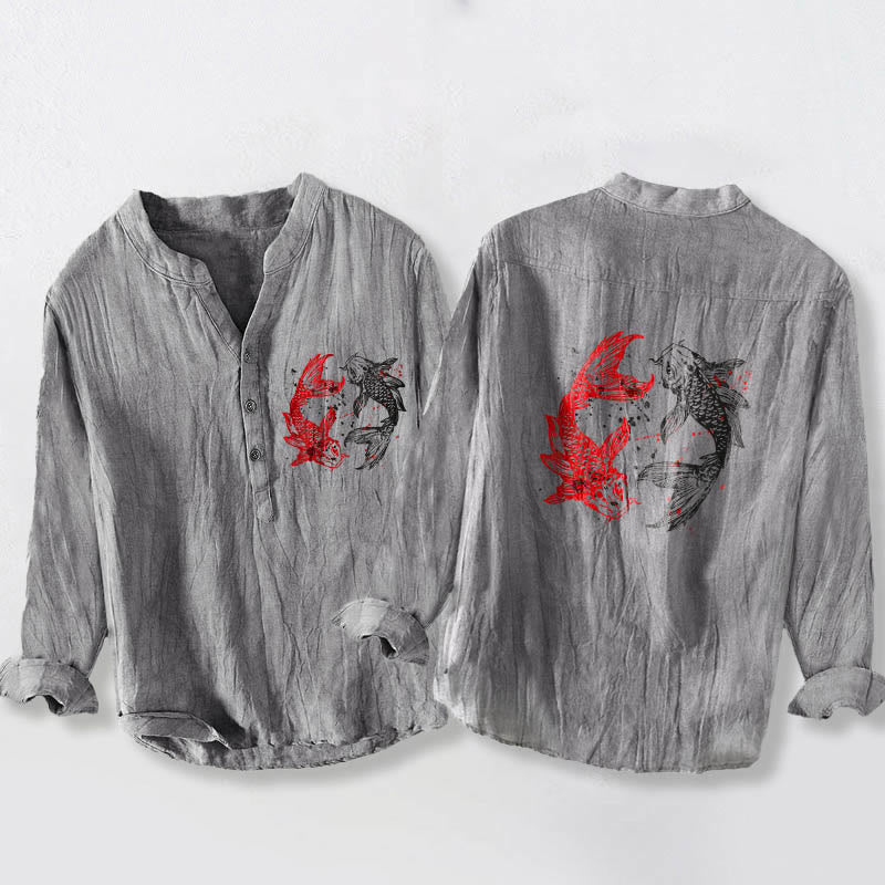 Yin Yang Koi Fish Pattern Half Buttons Design Long Sleeve Men's Cotton Linen Shirt