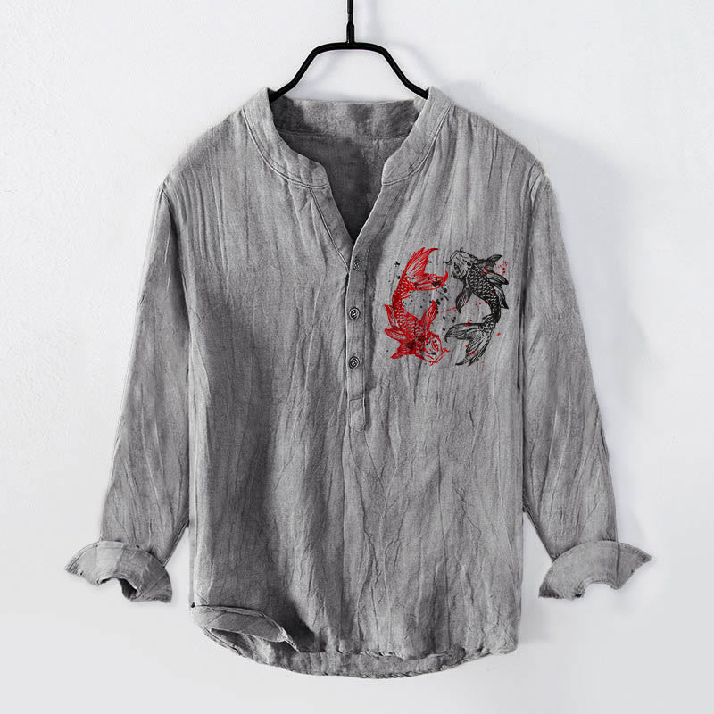 Yin Yang Koi Fish Pattern Half Buttons Design Long Sleeve Men's Cotton Linen Shirt