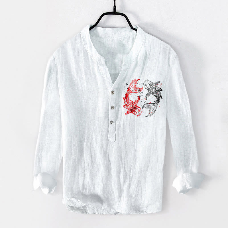Yin Yang Koi Fish Pattern Half Buttons Design Long Sleeve Men's Cotton Linen Shirt