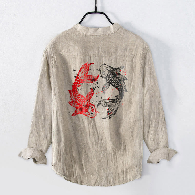 Yin Yang Koi Fish Pattern Half Buttons Design Long Sleeve Men's Cotton Linen Shirt