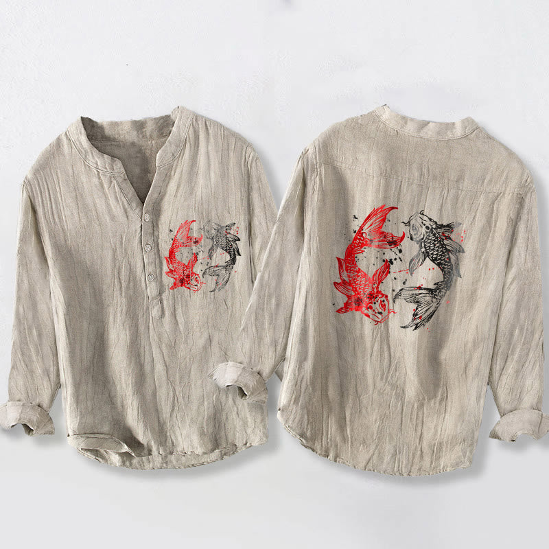 Yin Yang Koi Fish Pattern Half Buttons Design Long Sleeve Men's Cotton Linen Shirt