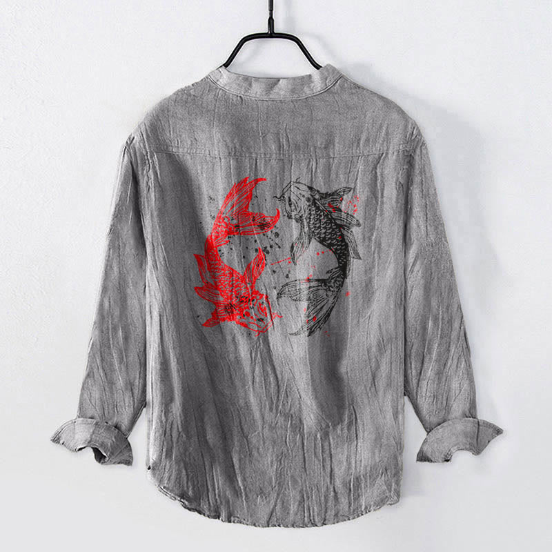 Yin Yang Koi Fish Pattern Half Buttons Design Long Sleeve Men's Cotton Linen Shirt