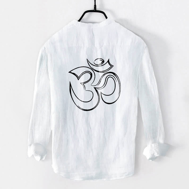 Tactile Cotton Linen Stand Collar Om Meditation Shirt