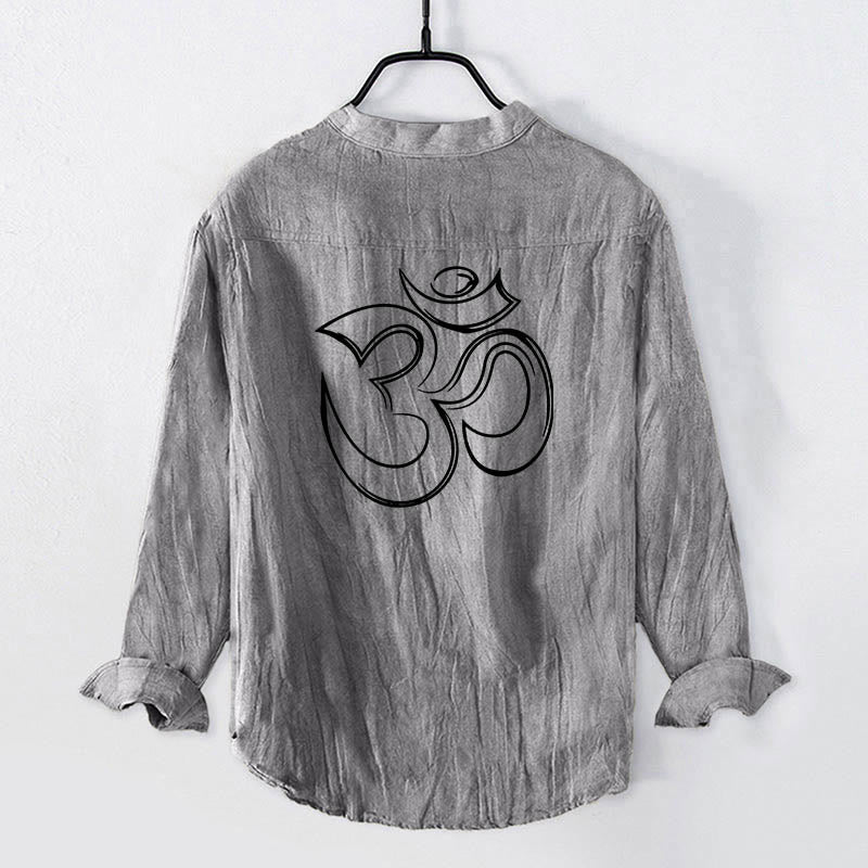 Tactile Cotton Linen Stand Collar Om Meditation Shirt