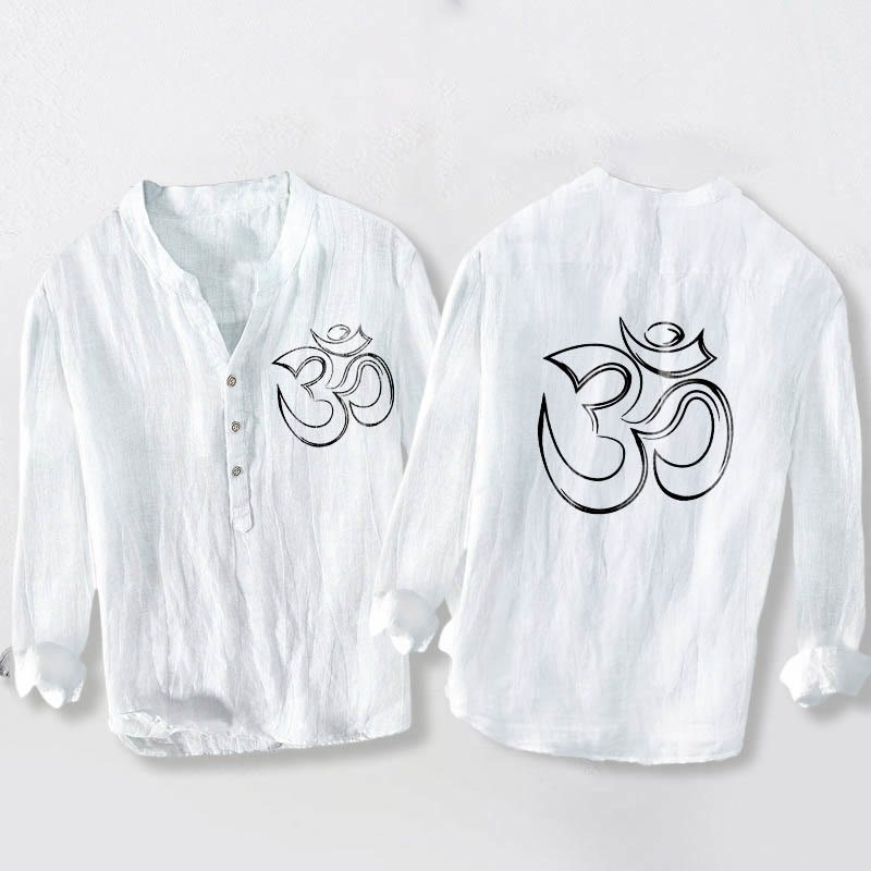 Tactile Cotton Linen Stand Collar Om Meditation Shirt