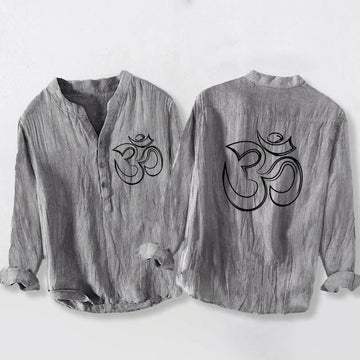 Tactile Cotton Linen Stand Collar Om Meditation Shirt