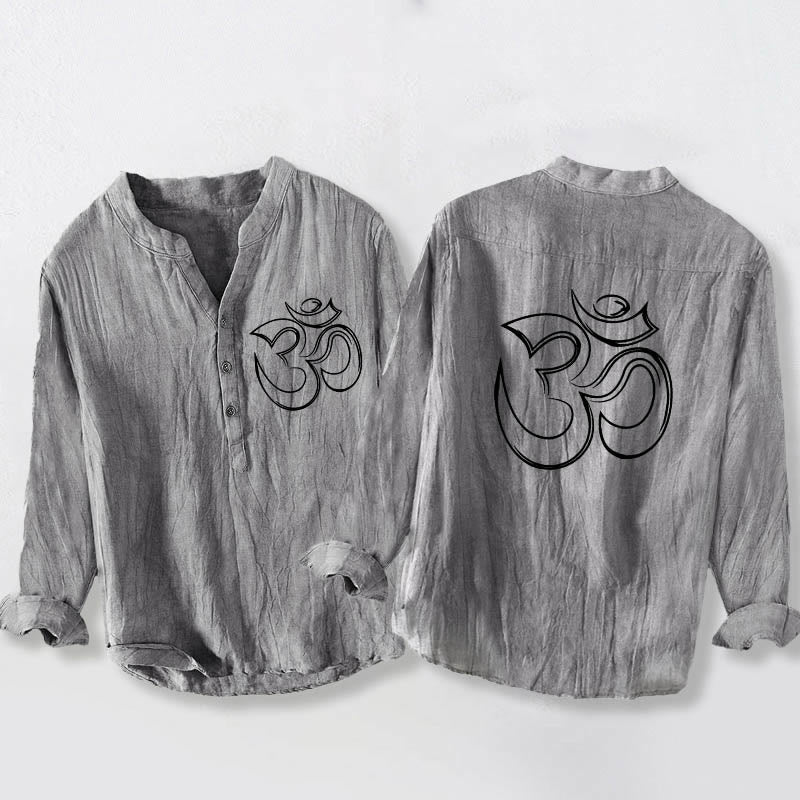 Tactile Cotton Linen Stand Collar Om Meditation Shirt