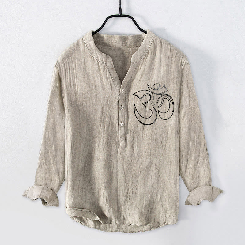 Tactile Cotton Linen Stand Collar Om Meditation Shirt