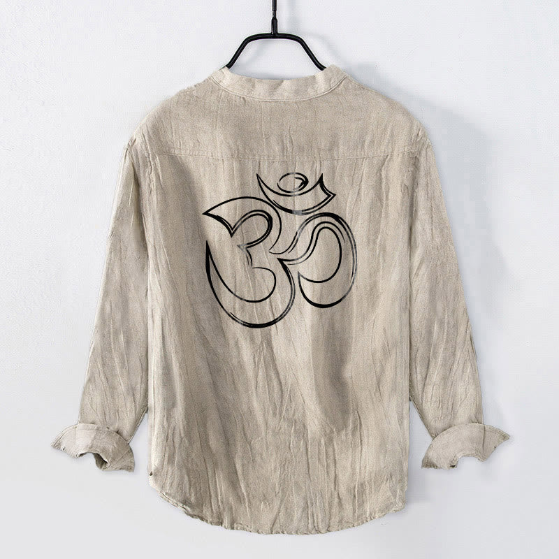 Tactile Cotton Linen Stand Collar Om Meditation Shirt