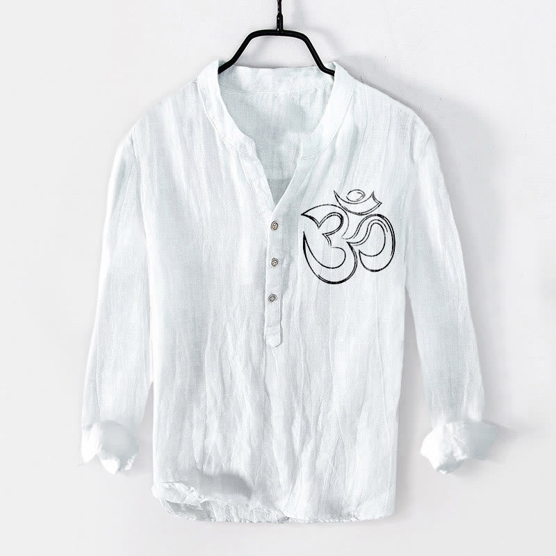Tactile Cotton Linen Stand Collar Om Meditation Shirt