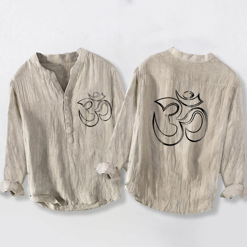 Tactile Cotton Linen Stand Collar Om Meditation Shirt
