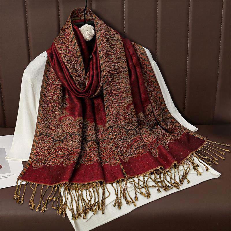 Winter Ethnic Tibetan Jacquard Paisley Printing Pattern Tassel Cozy Scarf Shawl