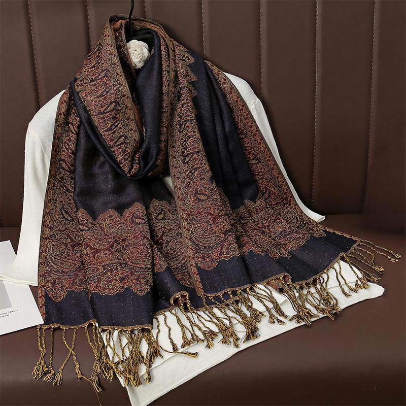Winter Ethnic Tibetan Jacquard Paisley Printing Pattern Tassel Cozy Scarf Shawl