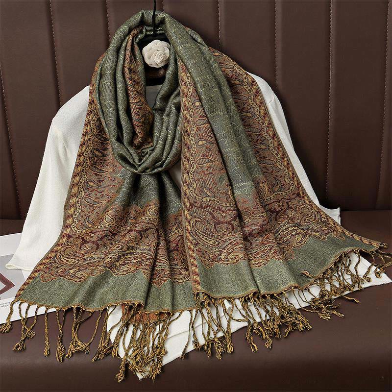 Winter Ethnic Tibetan Jacquard Paisley Printing Pattern Tassel Cozy Scarf Shawl