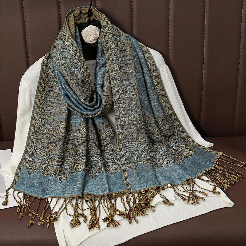 Winter Ethnic Tibetan Jacquard Paisley Printing Pattern Tassel Cozy Scarf Shawl