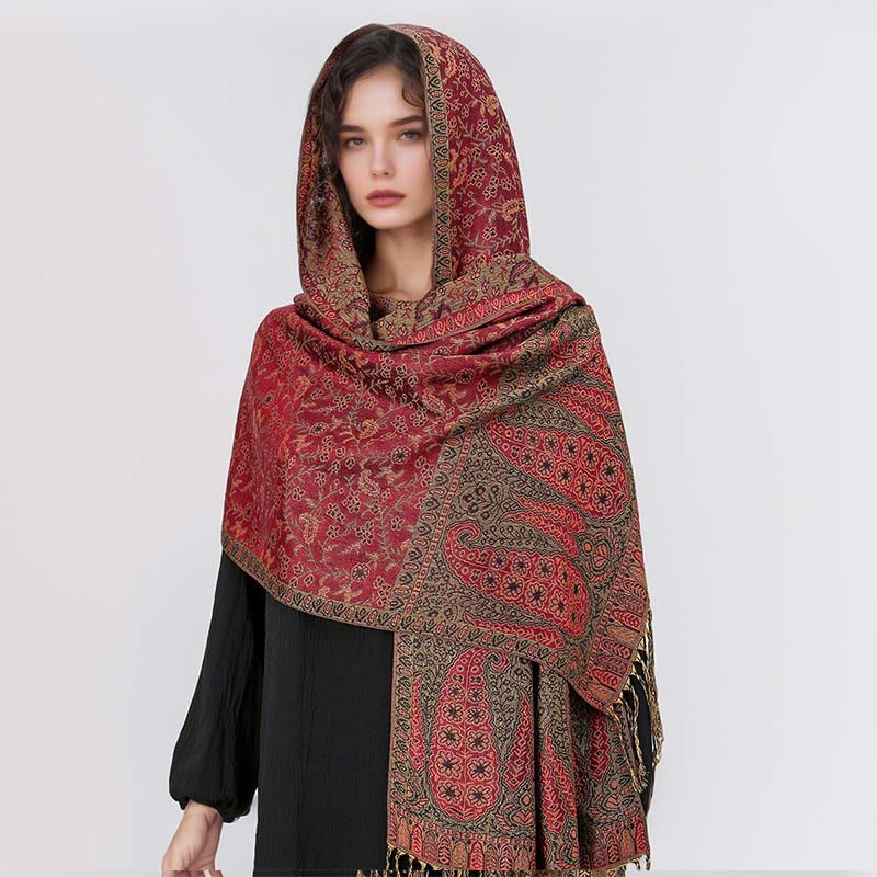 Tibetan Jacquard Paisley Flower Pattern Color Contrast Design Tassel Cozy Scarf Shawl