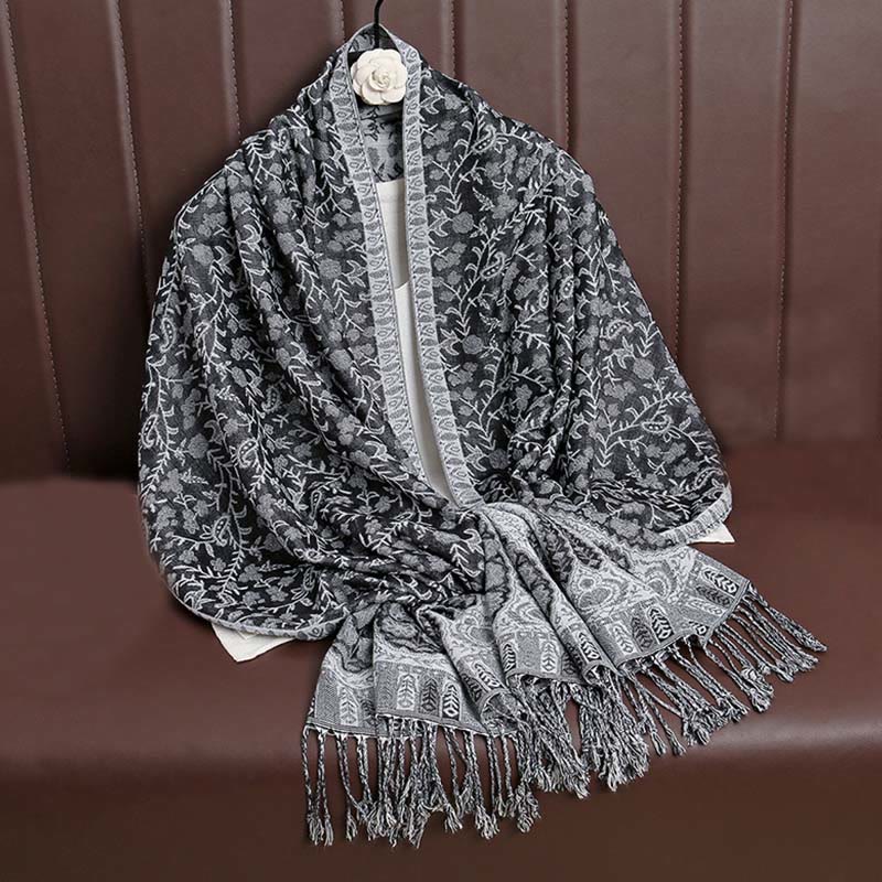 Tibetan Jacquard Paisley Flower Pattern Color Contrast Design Tassel Cozy Scarf Shawl