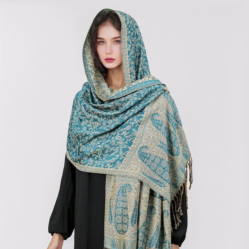 Tibetan Jacquard Paisley Flower Pattern Color Contrast Design Tassel Cozy Scarf Shawl