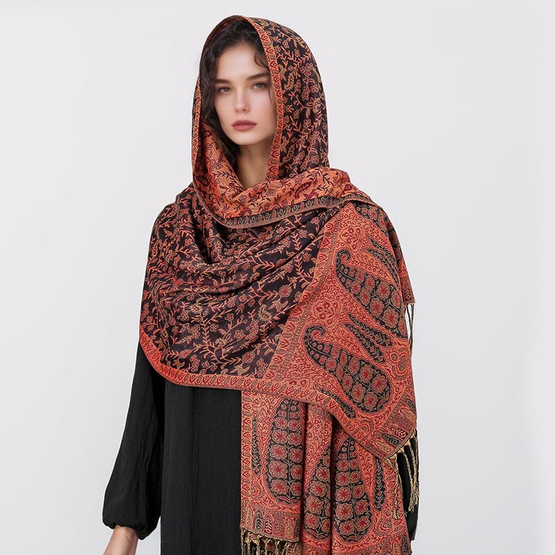 Tibetan Jacquard Paisley Flower Pattern Color Contrast Design Tassel Cozy Scarf Shawl