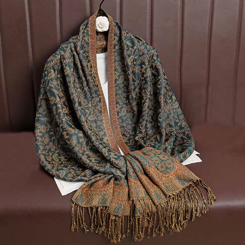Tibetan Jacquard Paisley Flower Pattern Color Contrast Design Tassel Cozy Scarf Shawl
