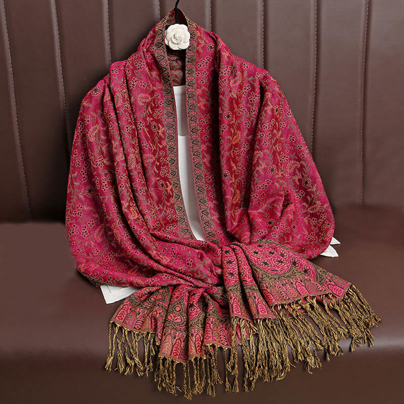 Tibetan Jacquard Paisley Flower Pattern Color Contrast Design Tassel Cozy Scarf Shawl