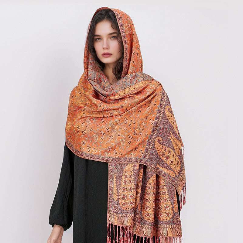 Tibetan Jacquard Paisley Flower Pattern Color Contrast Design Tassel Cozy Scarf Shawl
