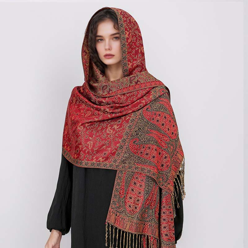 Tibetan Jacquard Paisley Flower Pattern Color Contrast Design Tassel Cozy Scarf Shawl