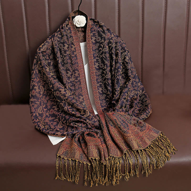 Tibetan Jacquard Paisley Flower Pattern Color Contrast Design Tassel Cozy Scarf Shawl