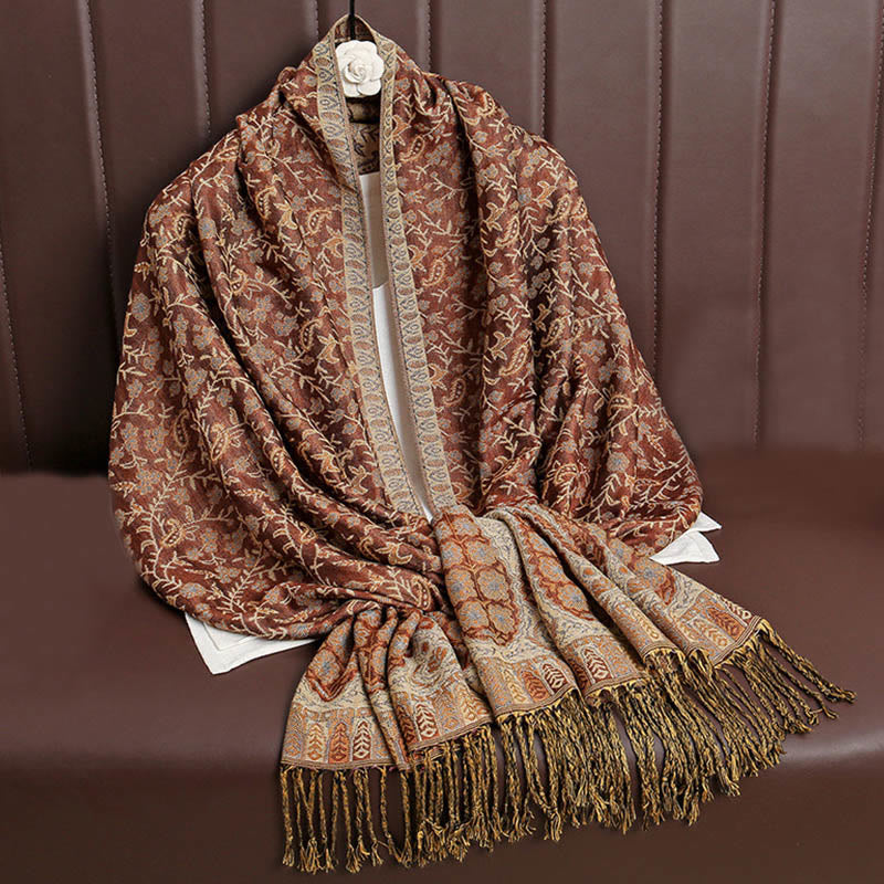 Tibetan Jacquard Paisley Flower Pattern Color Contrast Design Tassel Cozy Scarf Shawl