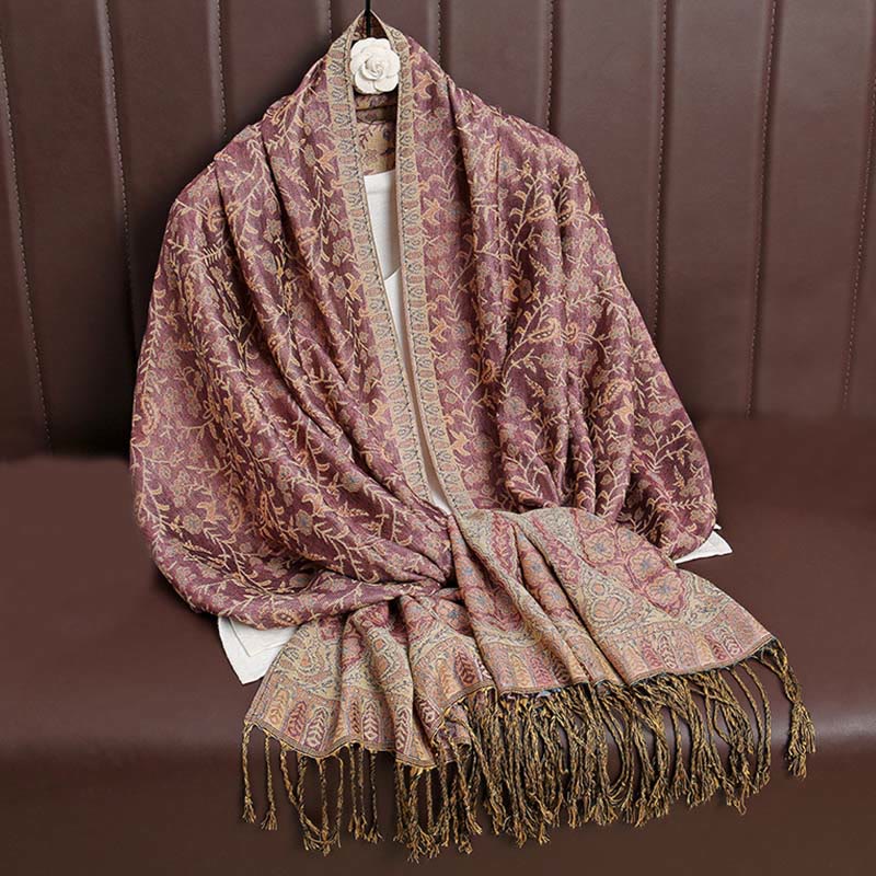 Tibetan Jacquard Paisley Flower Pattern Color Contrast Design Tassel Cozy Scarf Shawl