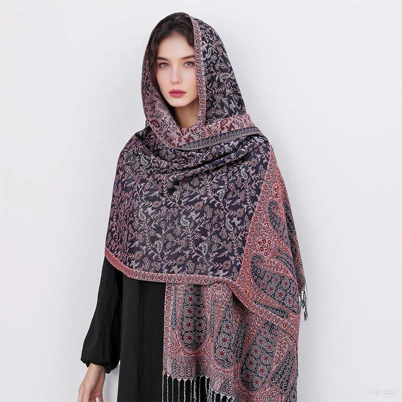 Tibetan Jacquard Paisley Flower Pattern Color Contrast Design Tassel Cozy Scarf Shawl