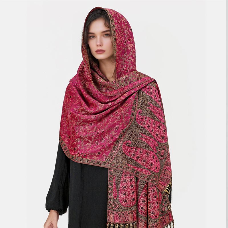 Tibetan Jacquard Paisley Flower Pattern Color Contrast Design Tassel Cozy Scarf Shawl